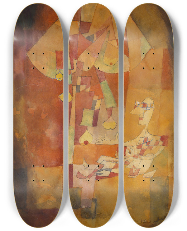 Triptych art skateboard deck of Paul Klee The Man Under The Pear Tree by Paul Klee (1879-1940)