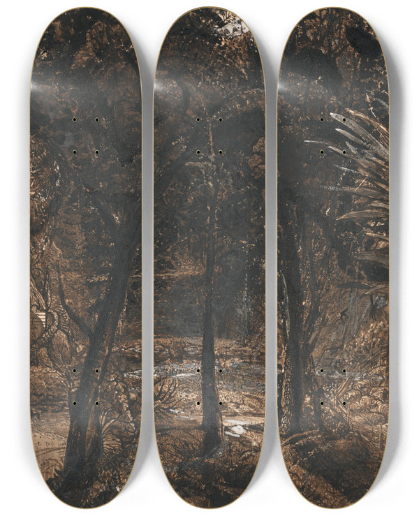 Triptych art skateboard deck of Samuel Palmer A Moonlit Scene With A Winding River_2 by Samuel Palmer (1805-1881)