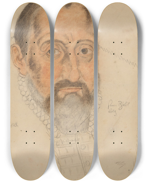 Triptych art skateboard deck of Hans Hug Kluber Portrait Of A Bearded Man by Hans Hug Kluber (1535-1578)