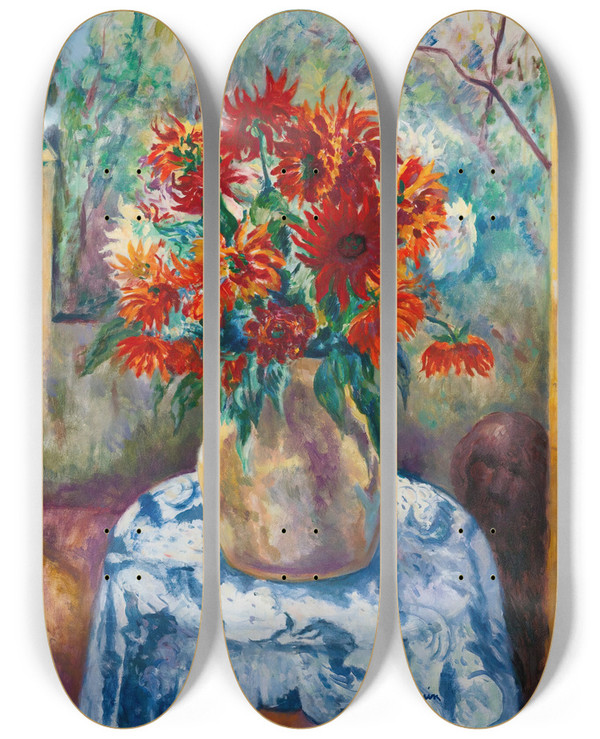 Triptych art skateboard deck of Henri Manguin Dahlias Sur La Terrasse De Loustalet Sainttropez by Henri Manguin (1874-1949)