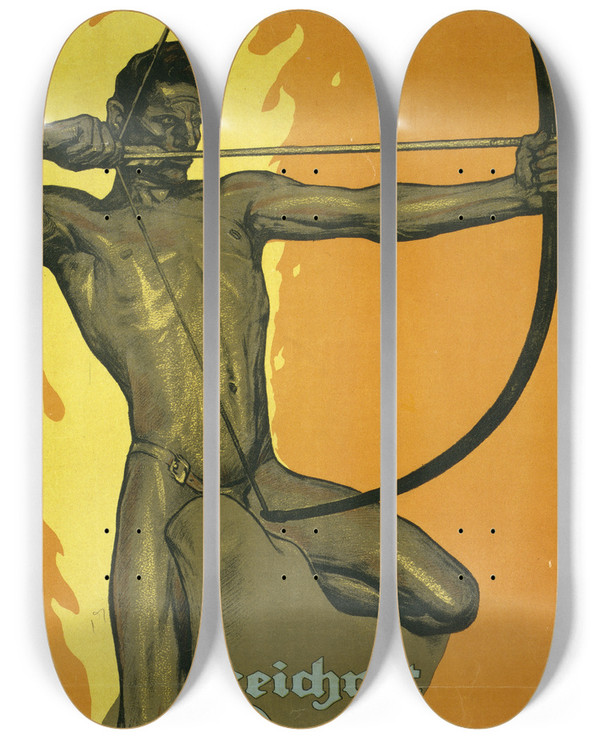 Triptych art skateboard deck of Fritz Erler Der 9Te Pfeil Zeichnet Kriegsanleihe by Fritz Erler (1868-1940)