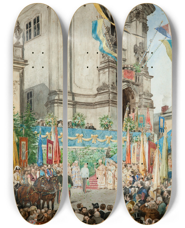 Triptych art skateboard deck of Antoni Kozakiewicz The Emperor Welcomed In Front Of Te Cathedral Of Saint George In Lviv by Antoni Kozakiewicz (1841-1929)