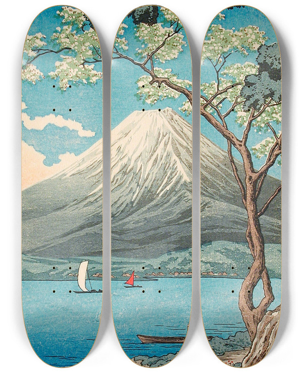 Triptych art skateboard deck of Takahashi Hiroaki Mount Fuji From Lake Yamanaka by Takahashi Hiroaki (1871-1945)