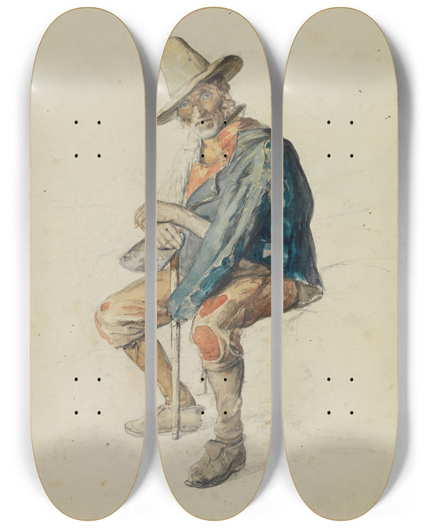 Triptych art skateboard deck of Johann Baptist Kirner Sitzender Lterer Italiener Beide Hnde Auf Einen Stock Gesttzt Nach Links Gewendet by Johann Baptist Kirner (1806-1866)
