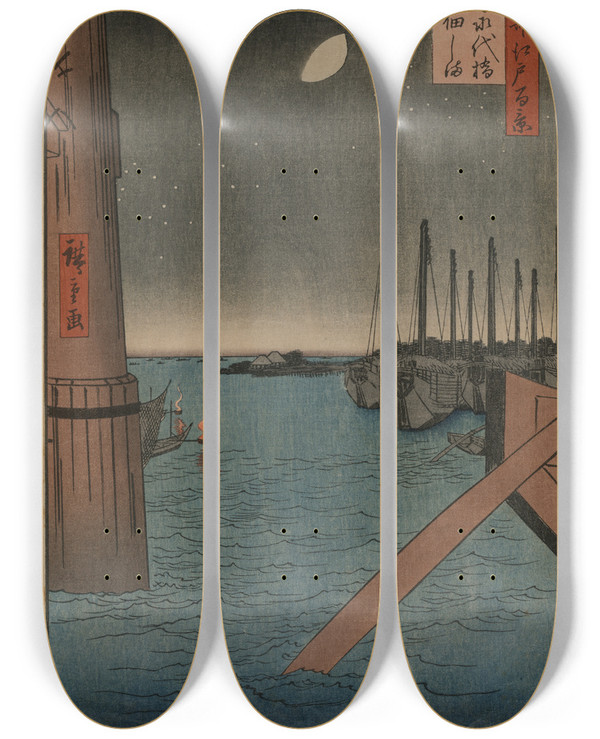 Triptych art skateboard deck of And Hiroshige Tsukudajima From Eitai Bridge From The Series One Hundred Views Of Famous Places In Edo by Ando Hiroshige (1797-1858)