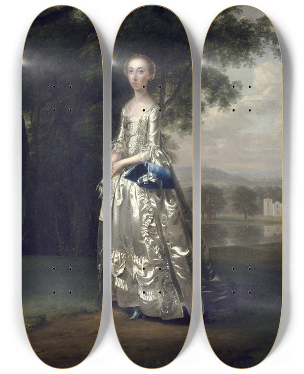 Triptych art skateboard deck of Arthur Devis Portrait Of A Lady In A Landscape by Arthur Devis (1712-1787)