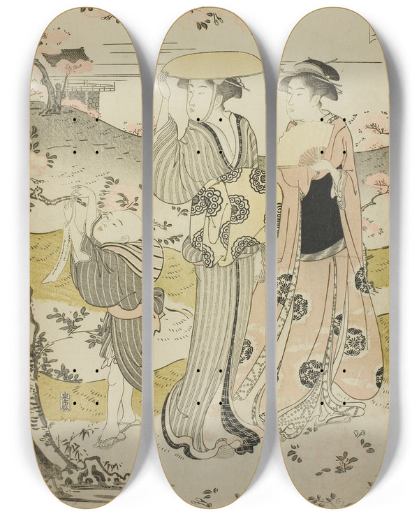 Triptych art skateboard deck of Chbunsai Eishi Ono No Komachi Visiting Kiyomizu Temple From The Series The Fashionable Seven Komachi Furyu Nana Komachi by Chobunsai Eishi (1756-1829)