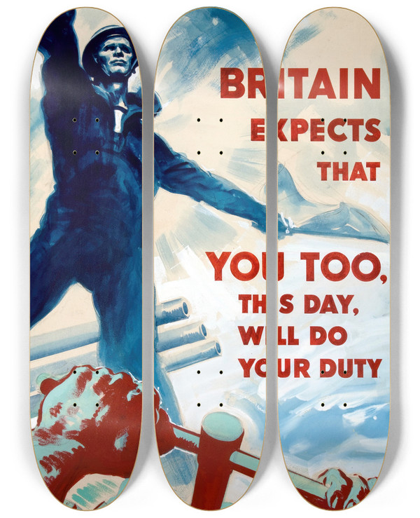 Triptych art skateboard deck of Harold Forster Britain Expects That You Too This Day Will Do Your Duty by Harold Forster (19-20-)