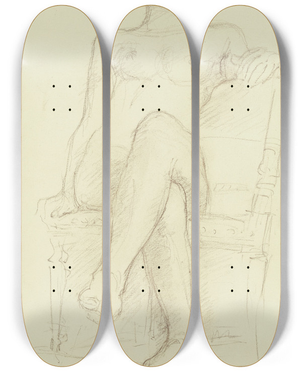 Triptych art skateboard deck of Charles Despiau Weiblicher Akt In Vorderansicht Auf Antikem Stuhl Sitzend by Charles Despiau (1874-1946)