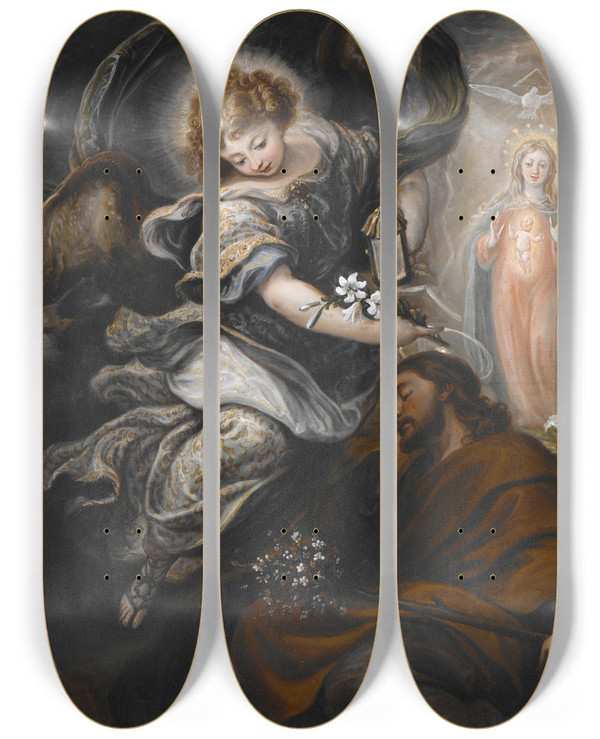 Triptych art skateboard deck of Francisco Rizi The Dream Of St Joseph by Francisco Rizi (1614-1685)