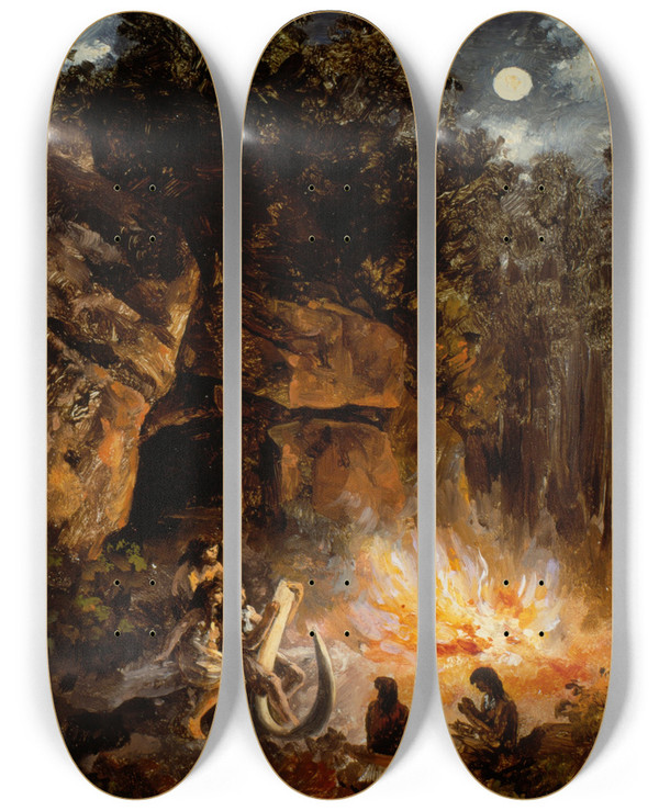Triptych art skateboard deck of Jos Mara Velasco Scene From The Quaternary Upper Paleolithic Period by Jose Maria Velasco (1840-1912)