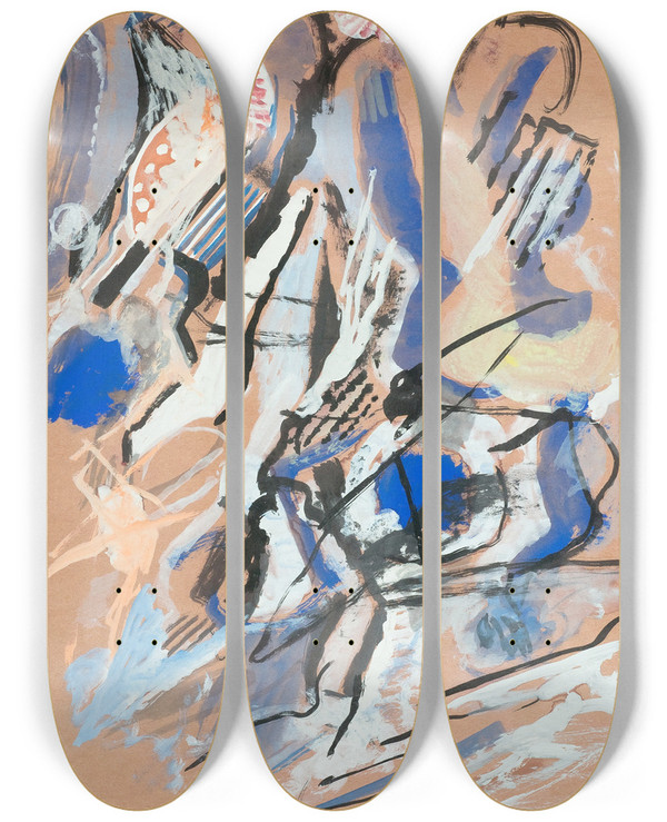 Triptych art skateboard deck of Kai Fjell Rd Komposisjon by Kai Fjell (1907-1989)
