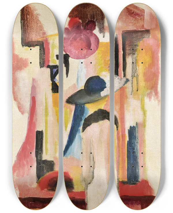 Triptych art skateboard deck of August Macke Studie Zu Hellem Schaufenster Study For Bright Shop Window by August Macke (1887-1914)