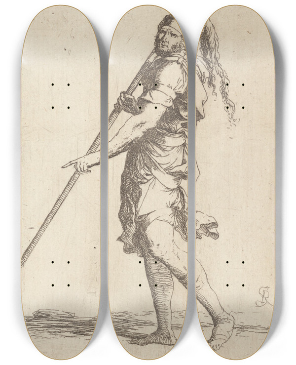 Triptych art skateboard deck of Salvator Rosa Soldier Holding A Cane With Both Hands Walking Toward The Left by Salvator Rosa (1615-1673)