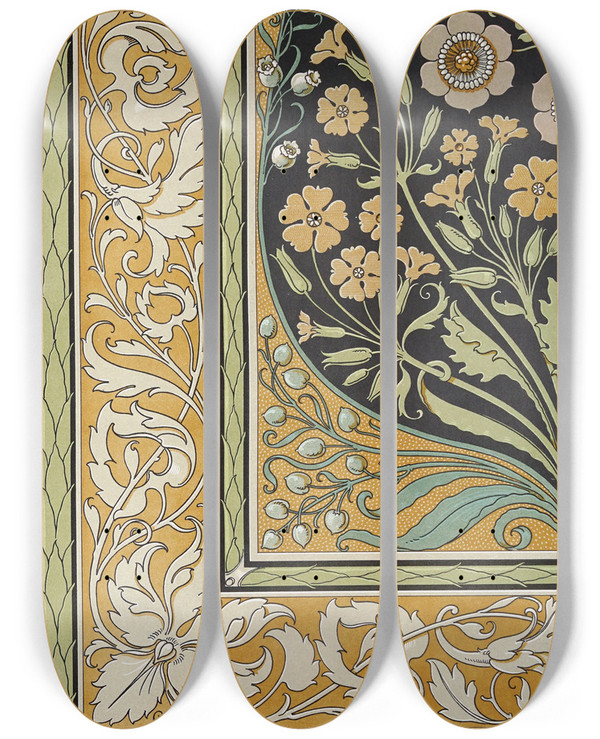 Triptych art skateboard deck of Anton Seder Die Pflanze In Kunst Und Gewerbe Pl045 by Anton Seder (1850-1916)