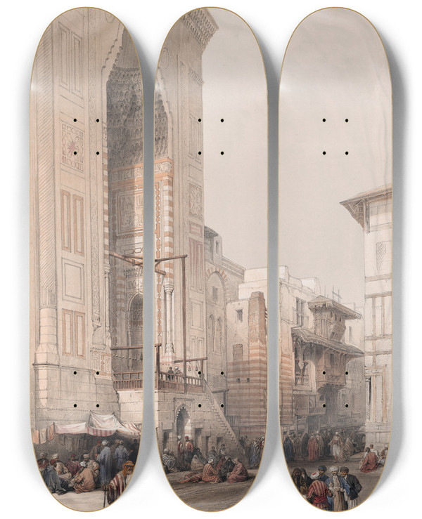 Triptych art skateboard deck of David Roberts Grand Entrance To The Mosque Of The Sultan Hassan by David Roberts (1796-1864)