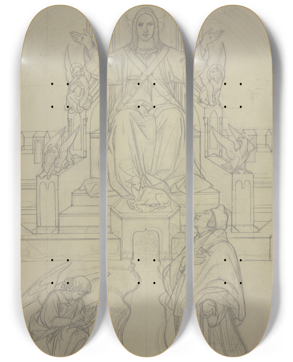 Triptych art skateboard deck of Eduard Von Steinle Thronender Christus Mit Dem Heiligen Johannes Von Nepomuk Und Einem Schreibenden Engel by Eduard Von Steinle (1810-1886)