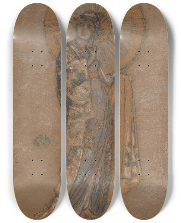 Triptych art skateboard deck of James Abbott Mcneill Whistler The Japanese Dress by James Abbott Mcneill Whistler (1834-1903)