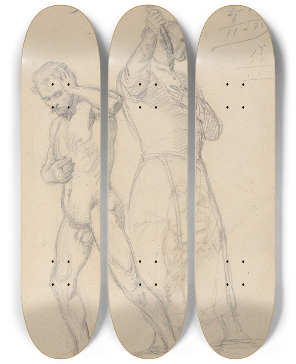 Triptych art skateboard deck of Jzef Simmler Sketch Of The Figure Of Gniewosz Of Dalewice And A Nobleman For The Painting Queen Jadwigas Oath by Jozef Simmler (1823-1868)