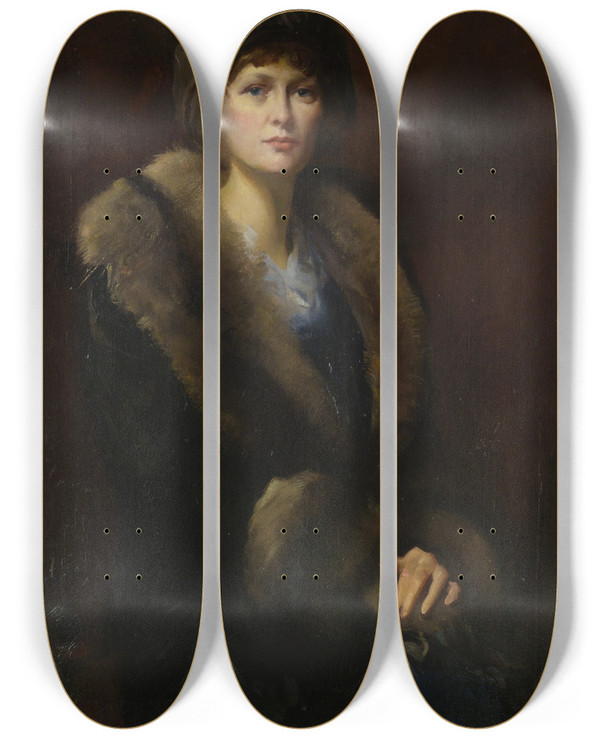 Triptych art skateboard deck of Antonio Barone Grazia In Hat And Fur Collar by Antonio Barone