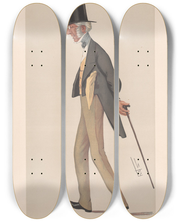 Triptych art skateboard deck of Leslie Matthew Ward Bankers And Financiers Colonial Mr Charles Cox 2 July 1881 by Leslie Matthew Ward (1851-1922)
