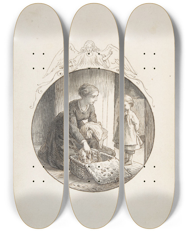 Triptych art skateboard deck of Lorenz Frlich Mother And Child by Lorenz Frolich (1820-1908)