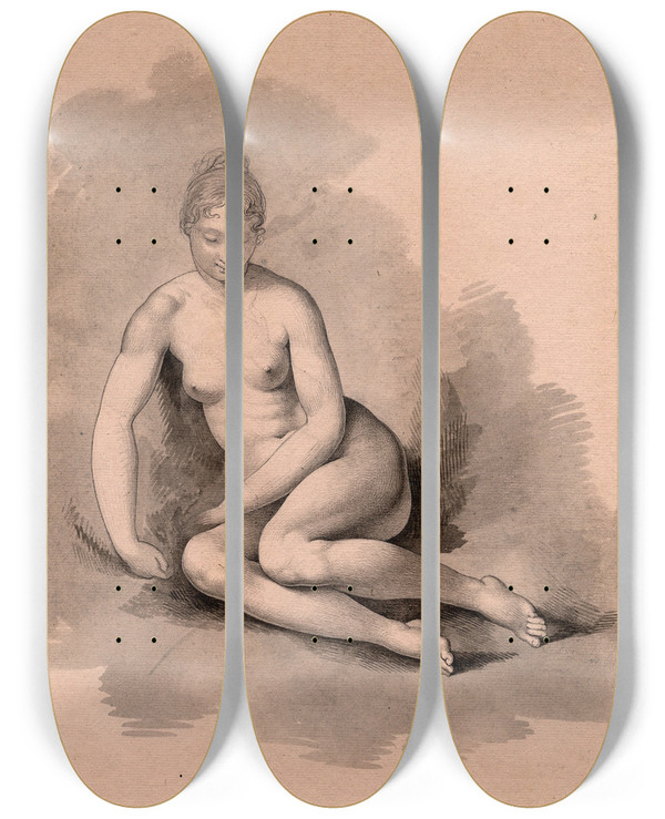Triptych art skateboard deck of David Humbert De Superville Vrouwelijk Naakt Zittend by David Humbert De Superville (1770-1849)