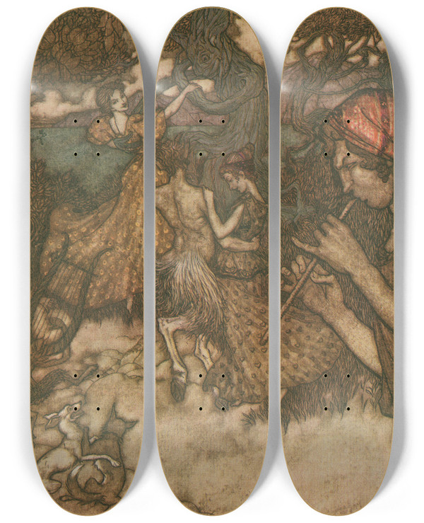 Triptych art skateboard deck of Arthur Rackham If Orpheus First Produced The Waltz by Arthur Rackham (1867-1939)