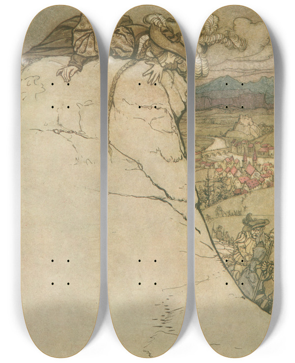 Triptych art skateboard deck of Arthur Rackham What Indeed Could She Do by Arthur Rackham (1867-1939)