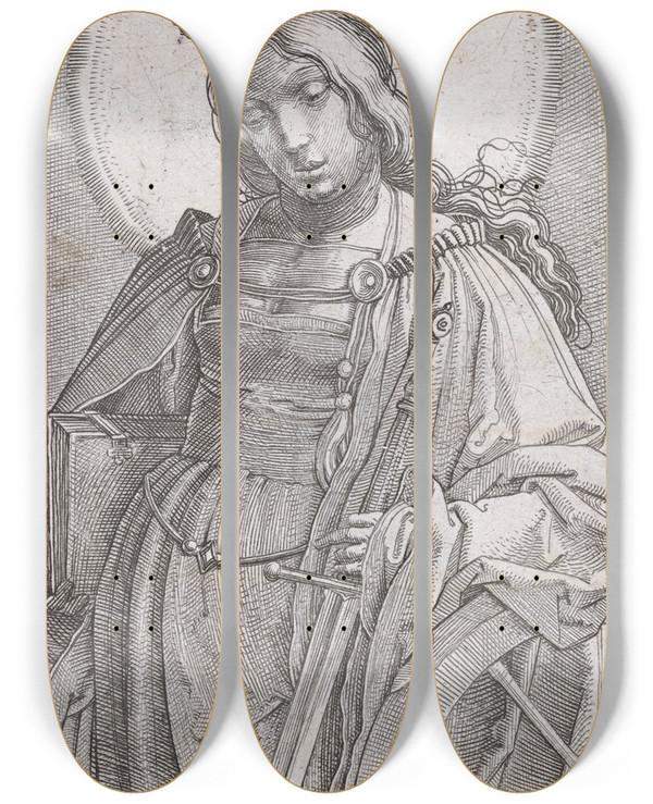 Triptych art skateboard deck of Lucas Van Leyden Saint Catherine by Lucas Van Leyden (1494-1533)