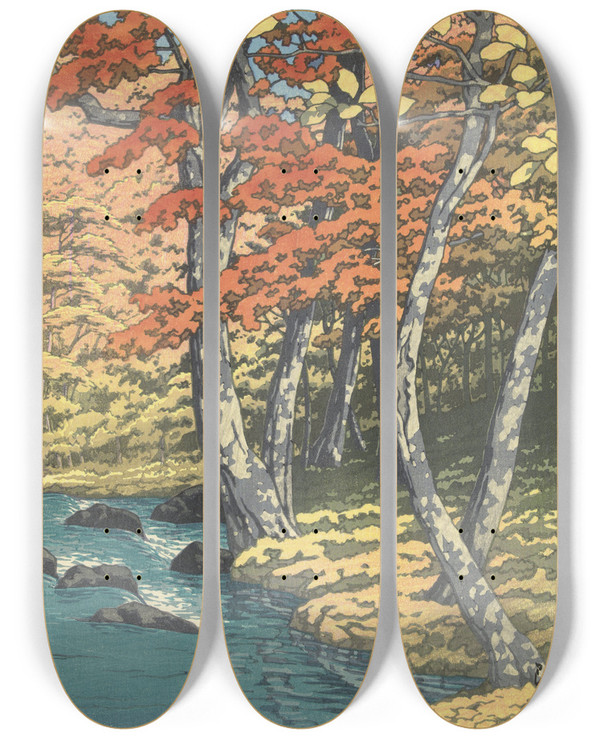 Triptych art skateboard deck of Kawase Hasui Herfst In Oirase by Kawase Hasui (1883-1957)