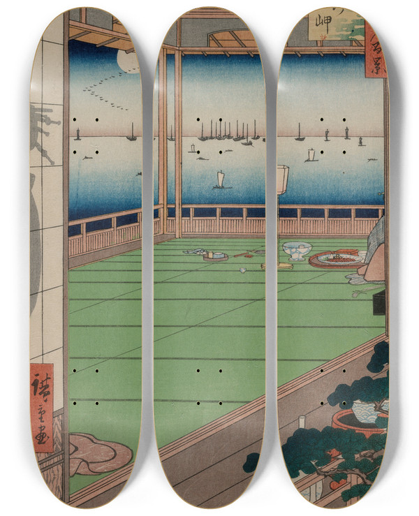 Triptych art skateboard deck of And Hiroshige The Moonviewing Promontory From The Series One Hundred Views Of Famous Places In Edo by Ando Hiroshige (1797-1858)