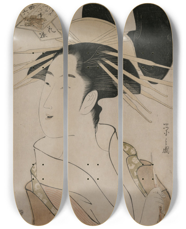 Triptych art skateboard deck of Chbunsai Eishi Portrait Of A Courtesan Holding A Pipe From The Series The Six Immortal Poets In Modern Dress by Chobunsai Eishi (1756-1829)