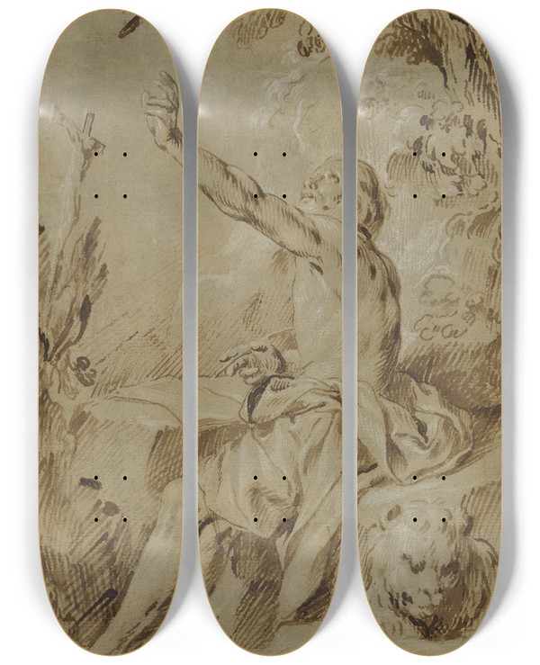 Triptych art skateboard deck of Antonio Del Castillo Y Saavedra St Jerome Hearing The Trumpet Of The Last Judgment by Antonio Del Castillo Y Saavedra (1616-1668)