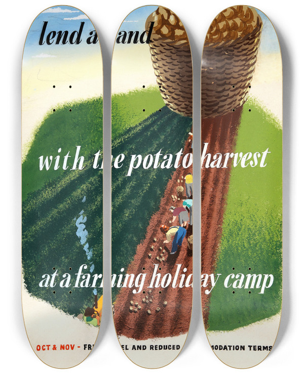 Triptych art skateboard deck of Eileen Evans Lend A Hand With The Potato Harvest At A Farming Holiday Camp_1 by Eileen Evans (1921-2006)