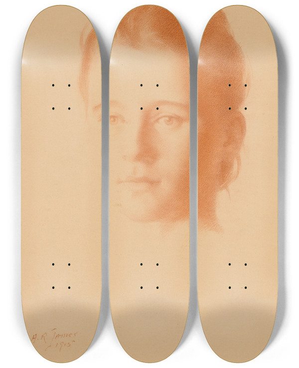 Triptych art skateboard deck of Alexander Robertson James Portrait Of A Young Girl by Alexander Robertson James (1890-1946)