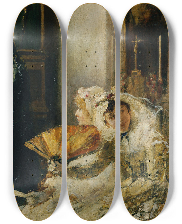 Triptych art skateboard deck of Cecil Van Haanen In Der Kirche by Cecil Van Haanen (1844-1914)