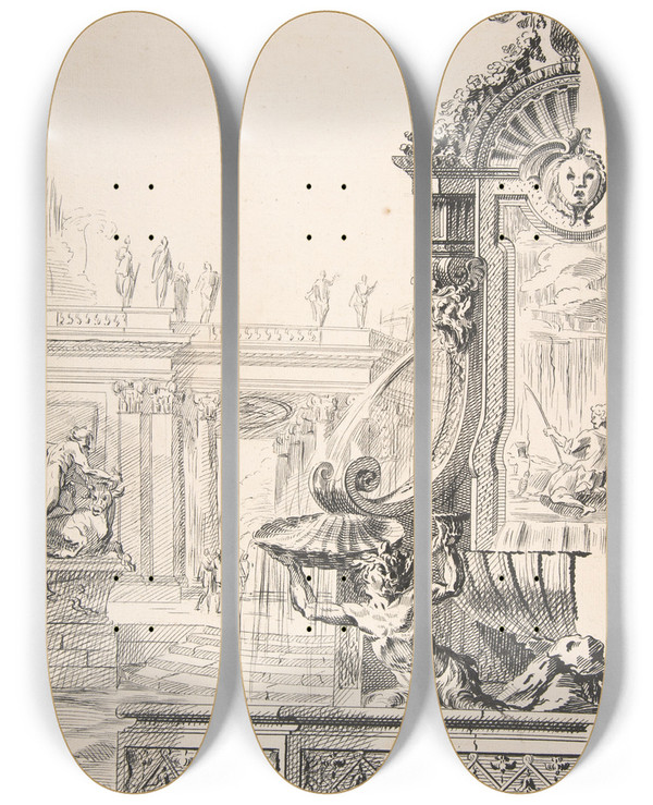 Triptych art skateboard deck of Workshop Of Gillesmarie Oppenord Study For A Garden Capriccio_1 by Workshop Of Gilles Marie Oppenord (1672-1742)