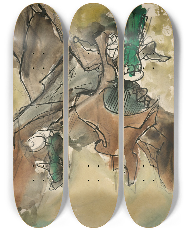 Triptych art skateboard deck of Jn Novk Study For A Slovak Fairytale Iii by Jan Novak (1921-1944)