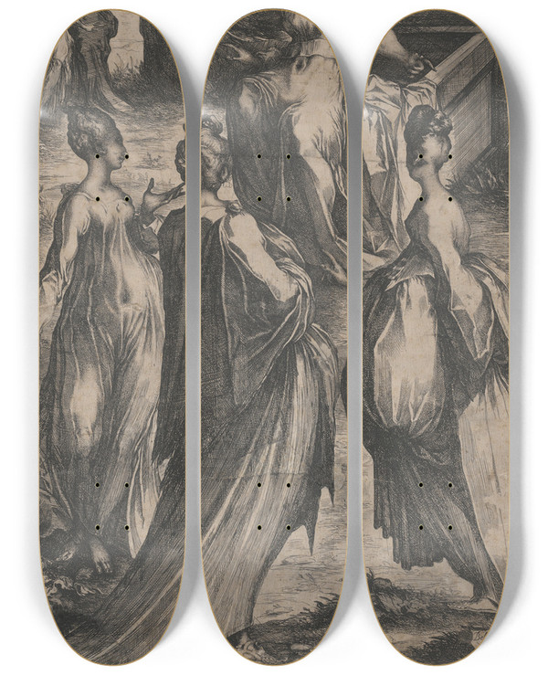 Triptych art skateboard deck of Jacques Bellange Three Maries At Thetomb by Jacques Bellange (1575-1616)