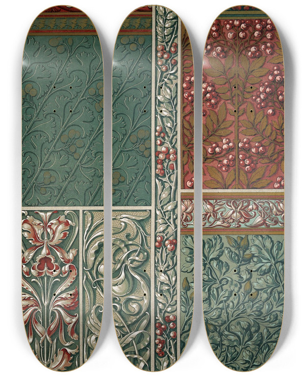 Triptych art skateboard deck of Anton Seder Die Pflanze In Kunst Und Gewerbe Pl038 by Anton Seder (1850-1916)