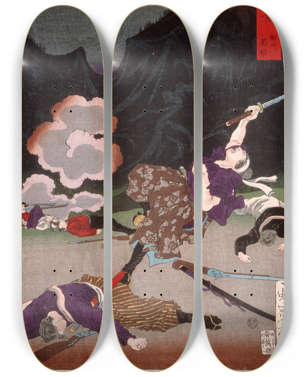 Triptych art skateboard deck of Tsukioka Yoshitoshi Battle Of Hakone Sagami by Tsukioka Yoshitoshi (1839-1892)