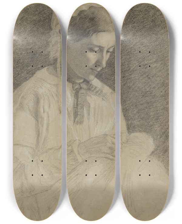 Triptych art skateboard deck of Edgar Degas Woman Embroidering by Edgar Degas (1834-1917)