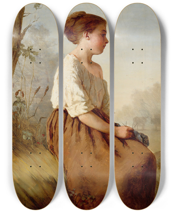 Triptych art skateboard deck of Ida Silfverberg The Shepherdess by Ida Silfverberg (1834-1899)