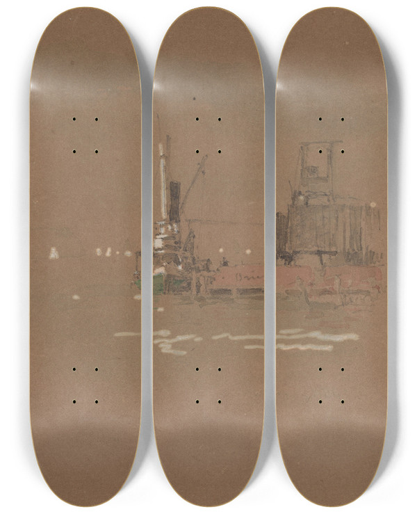 Triptych art skateboard deck of Jasper Francis Cropsey Hudson River Brick Piers by Jasper Francis Cropsey (1823-1900)