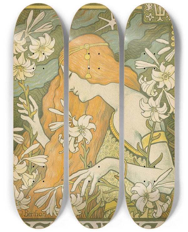 Triptych art skateboard deck of Paul Berthon Lermitage by Paul Berthon (1872-1909)