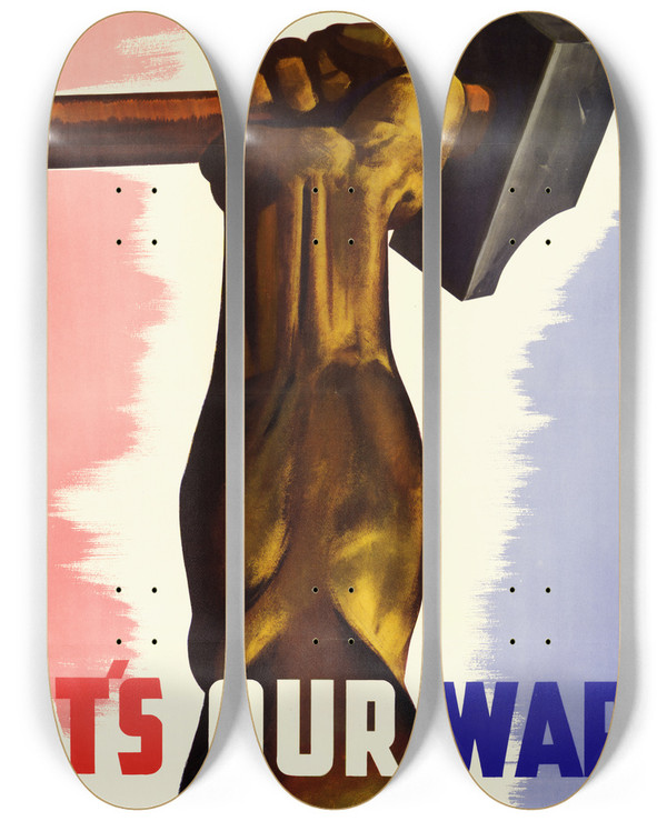 Triptych art skateboard deck of Eric Aldwinckle Its Our War by Eric Aldwinckle (1909-1980)
