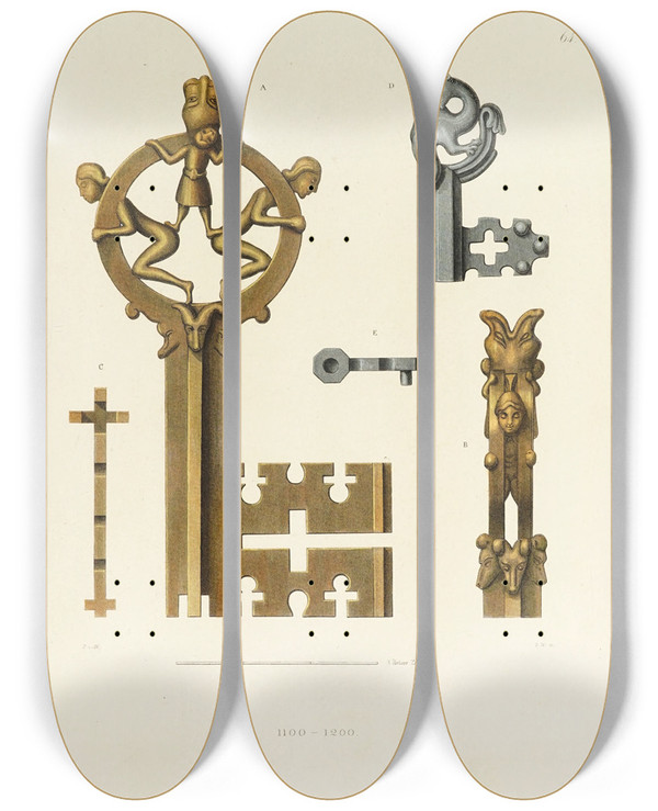 Triptych art skateboard deck of Carl Becker Kunstwerke Und Gerathschaften Des Mittelalters Und Der Renaissance Pl64 by Carl Becker (19-)