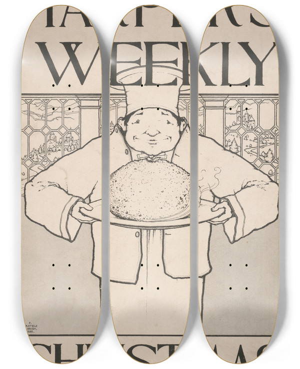 Triptych art skateboard deck of Maxfield Parrish Harpers Weekly For Christmas by Maxfield Parrish (1870-1966)
