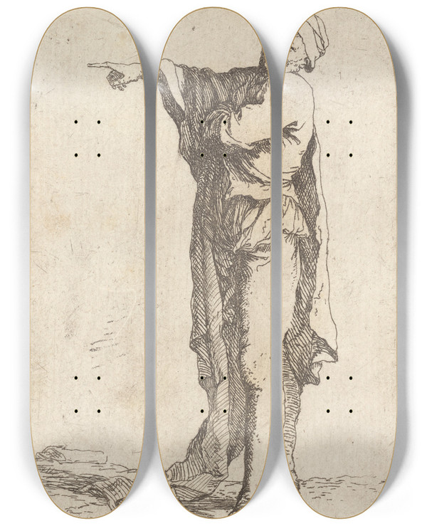 Triptych art skateboard deck of Salvator Rosa Man Standing His Arm Pointing Horizontally by Salvator Rosa (1615-1673)